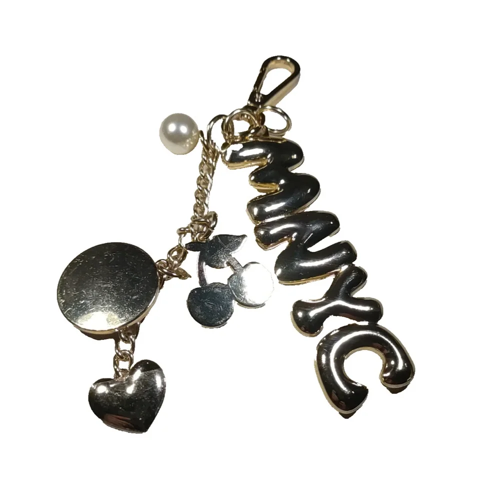 Madden New York Keychain Happy Face Cherry Faux Pearl Heart Gold Tone Purse Clip